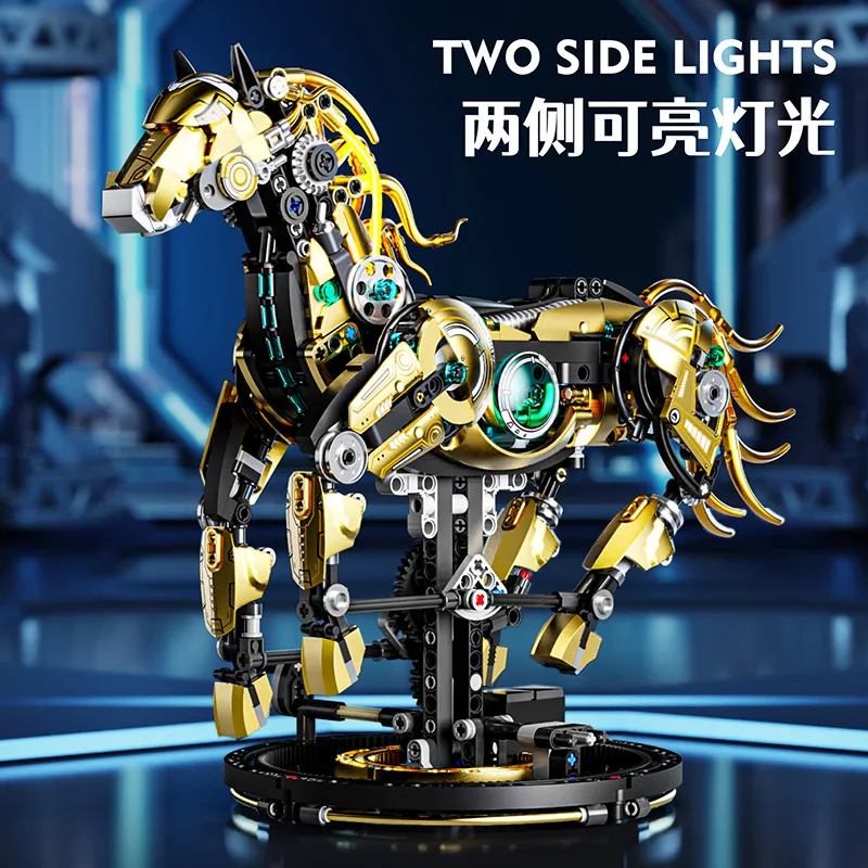 Mechanisches Pferde-Bausteinset für Erwachsene, galoppierendes Pony-Modell mit Lichtern, 1055 + Stück, zum Sammeln, DIY-Kinderspielzeug, Geschenk für Jungen