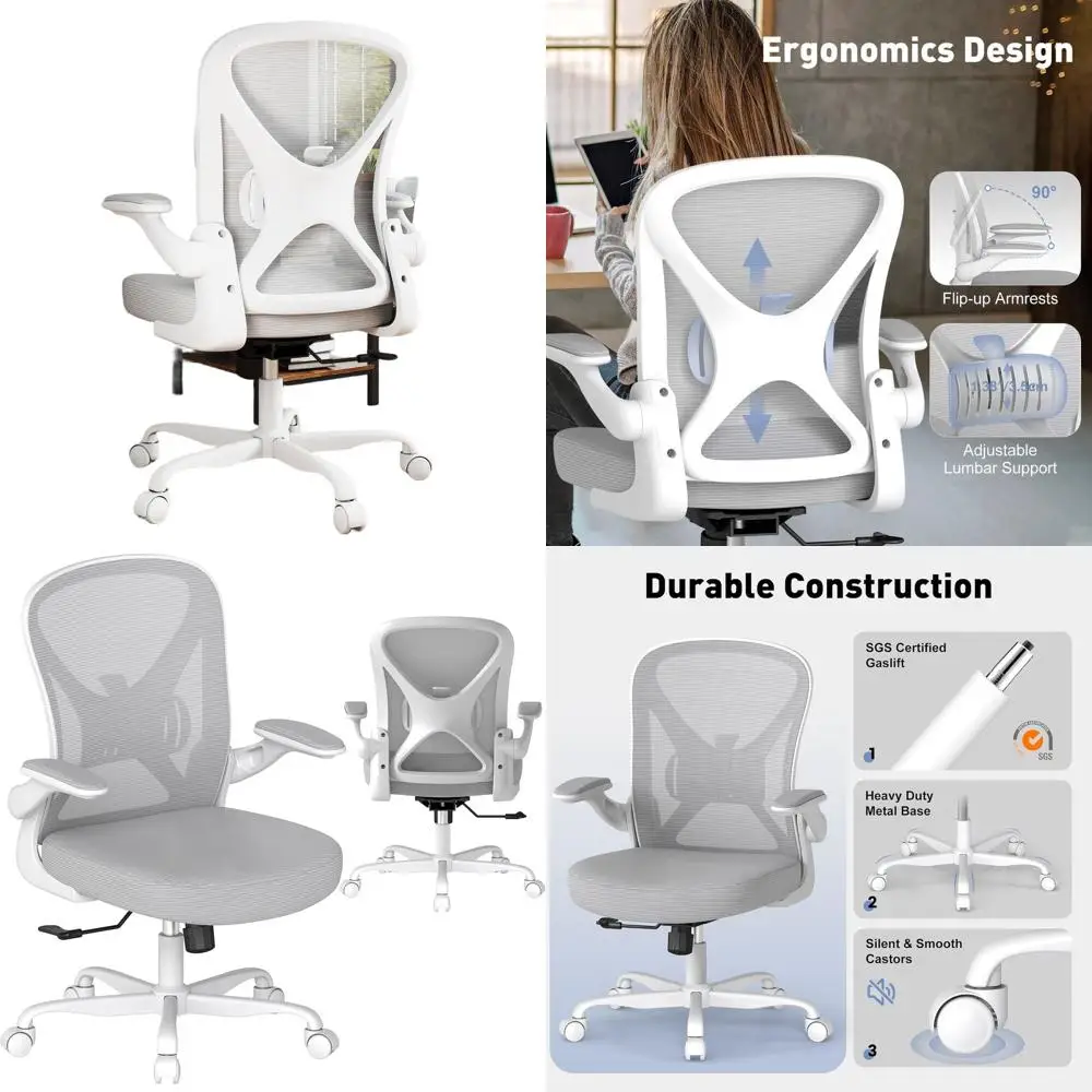 

Эргономичное офисное кресло с регулируемой поясничной поддержкой, сетчатой спинкой, откидными подлокотниками и колесиками, серое