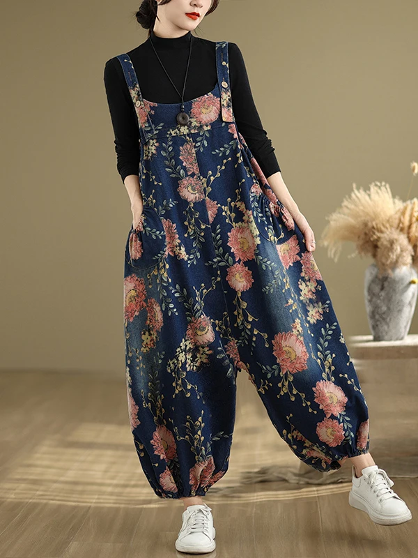 カジュアルなゆったりとした女性用デニムオーバーオール、ランタンパンツ、ハイウエスト、ストレートレッグ、コットン、カジュアル、プラスサイズ、女性用ファッション