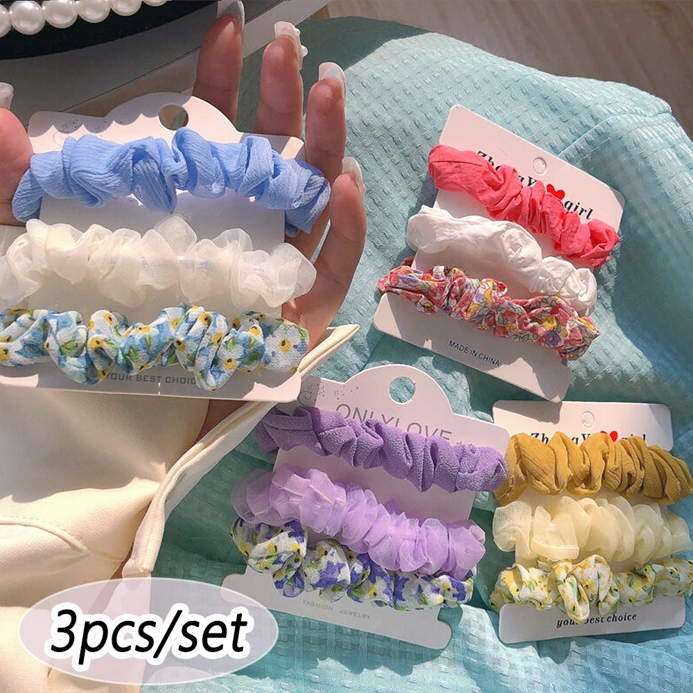 

3pcs/Set Mixed Color Hair Ties Flower Pattern Silk Satin Scrunchies Ponytail Holders No Damage Hair Rope For Women Girls
