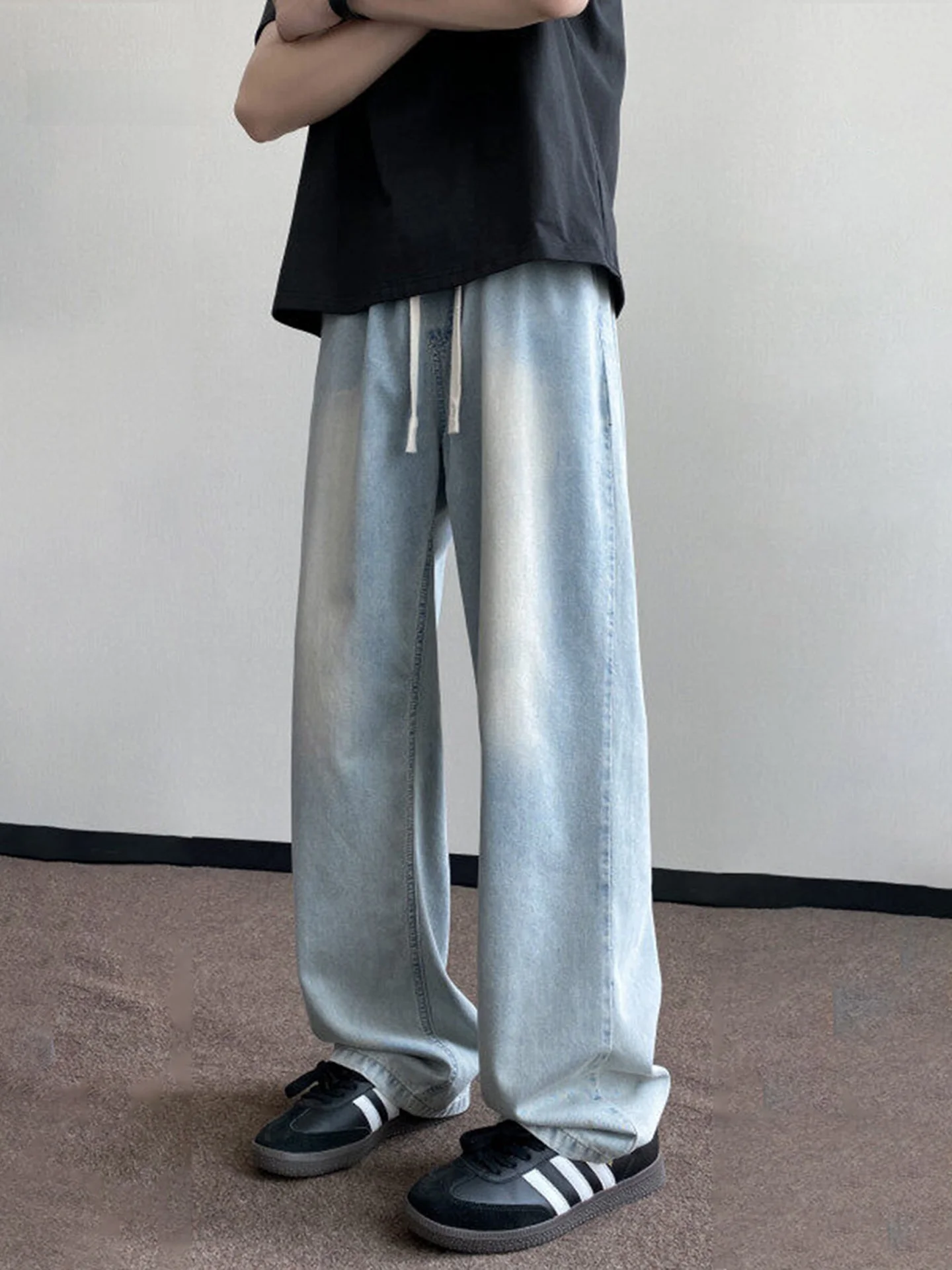 

Light Blue Ice Silk Men's Jeans Summer Thin Straight Leg Loose Fit Long Trousers Faionable Urban Sle Wear Resistant