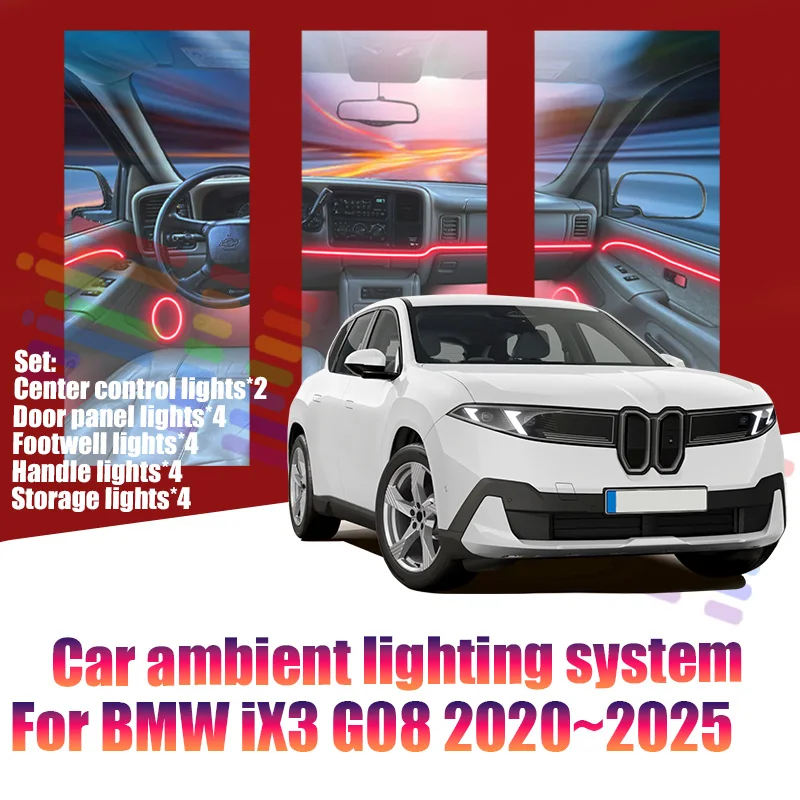 

Для BMW iX3 G08 2020~2025: Светодиодные атмосферные лампы, цветная подсветка салона, неоновая лента, 64 RGB-цвета