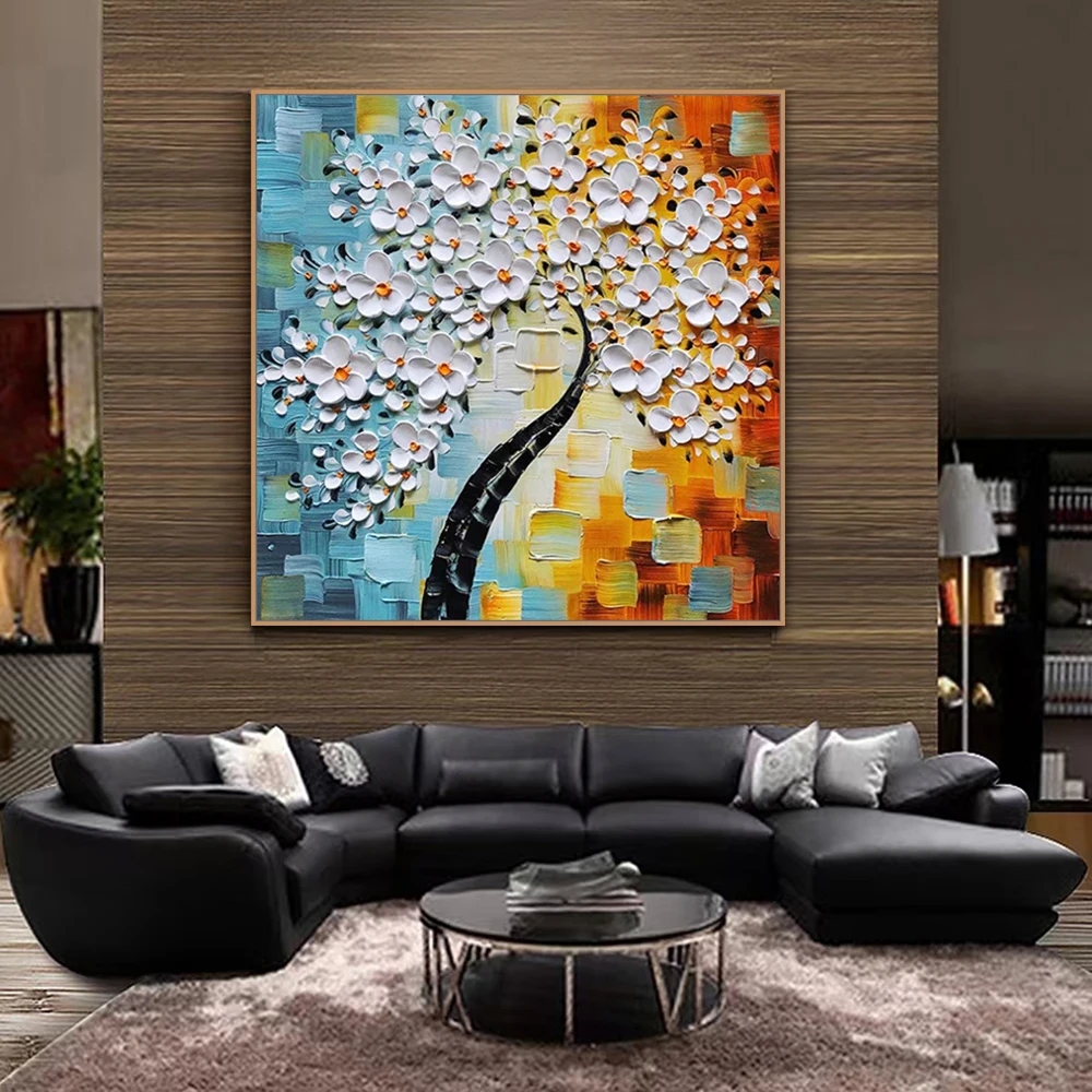 Mintura Handpainted Knife Tree Flowers Oil Painting on Canvas Modern Home Decor Art Texture Posters Wall Picture Room Decoration