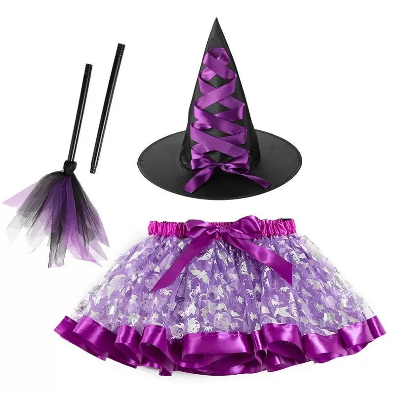 loween New Print Tulle Skirt Witch Hat Broom ort Skirt Tee Piece Set for Girls Polyester Fiber 00% Children's Clothing