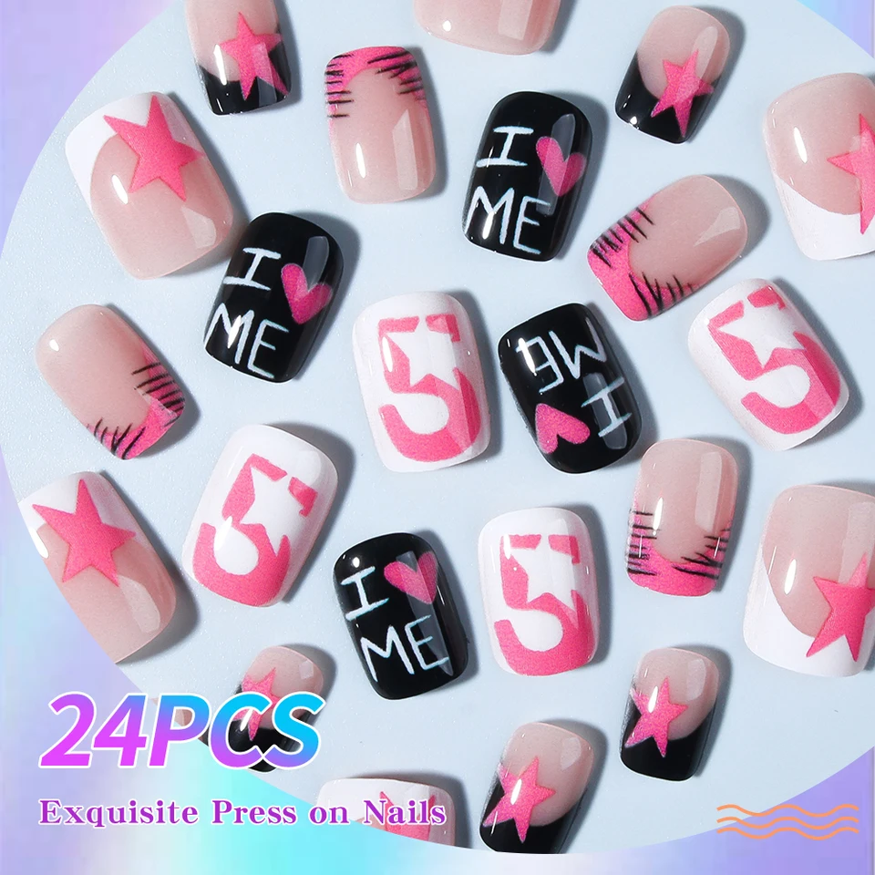 24 piezas uñas postizas cortas cuadradas con estampado de leopardo y blanco empolvado, con diseños de corazones, estrellas y viernes 3