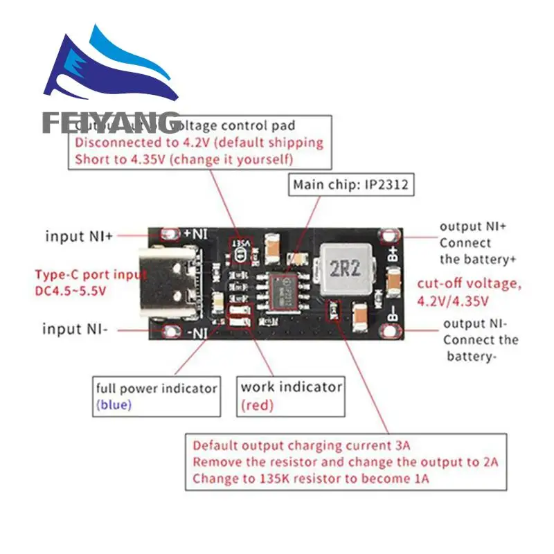 TP5100 Type-C USB Input High Current 1-3A Polymer Ternary Lithium Battery Quick Fast Charging Board IP2312 CC/CV Mode 5V To 4.2V