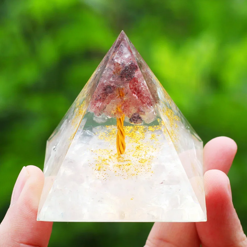 Tree of Life Orgone Pyramid Natural Crystal Amethyst Peridot Healing Reiki Chakra Energy Generator Orgonite Pyramid Room Decor