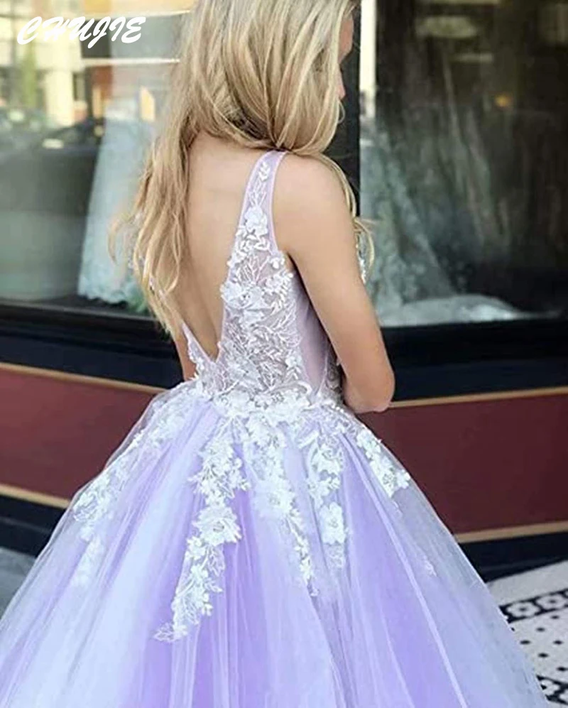 라벤더 Tulle Appliques 댄스 파티 드레스 V 넥 스파게티 스트랩 이브닝 가운 맞춤형 라인 웨딩 파티 드레스 robe soirée