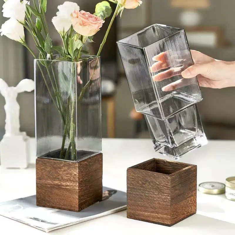 

Nordic Creative Simple Glass Tabletop Vase with Wooden Base Transparent Flower Vase for Living Room Office Desk Home Decoration