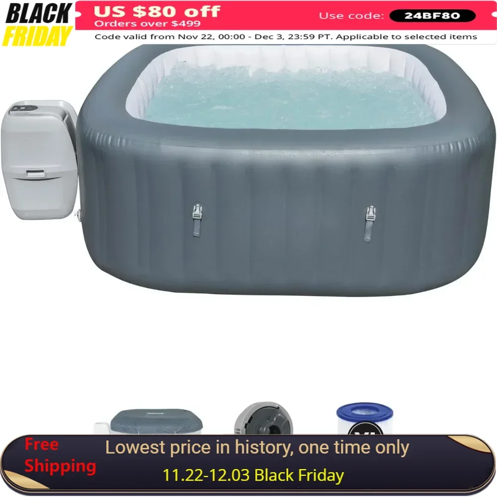 Inflatable Hot Tub, Large Square, 4-6 People, with 140 Jets and Hot Tub Cover, Outdoor Portable Hots Tubs