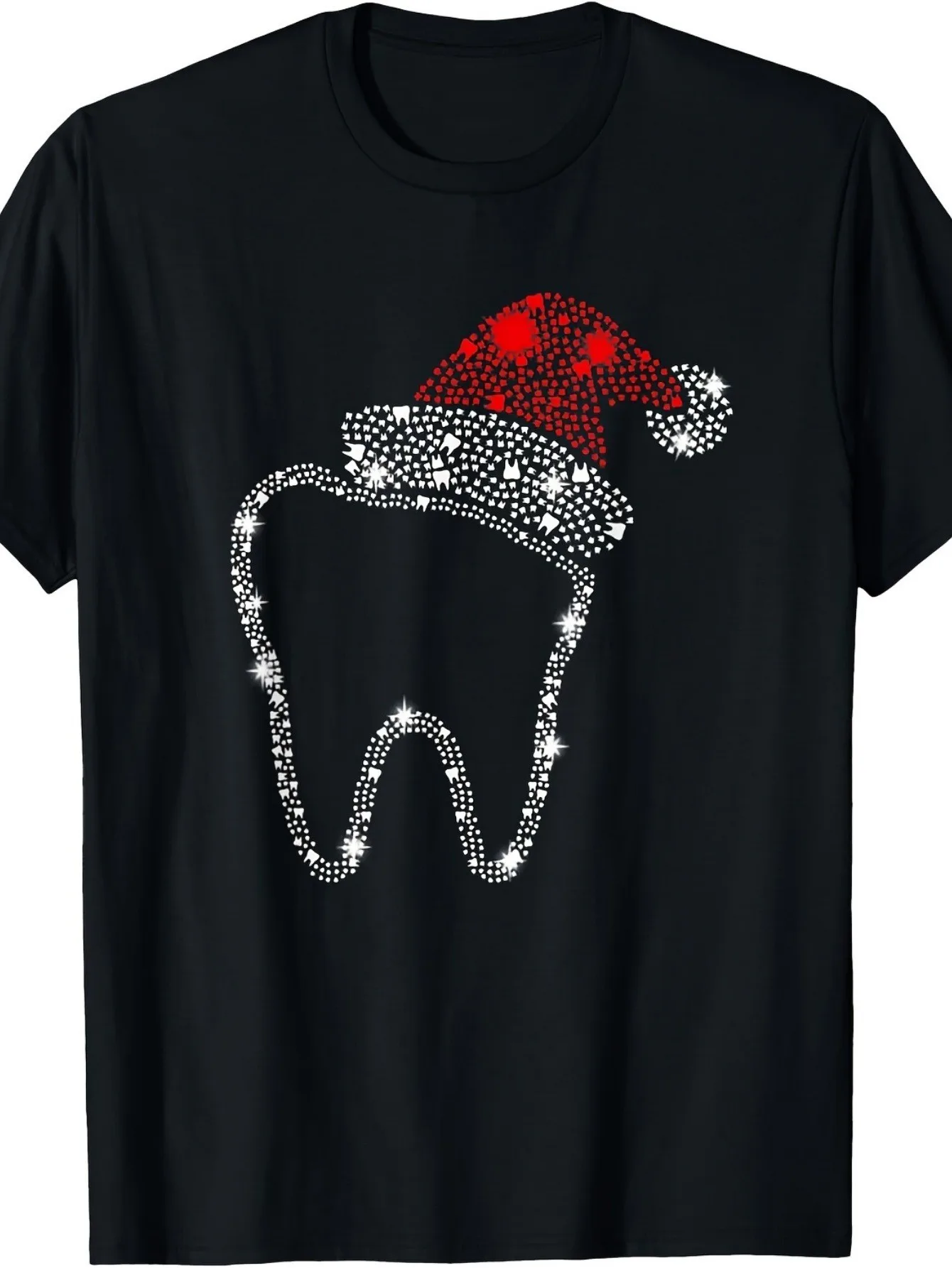 

Men's Funny Dental Christmas T-Shirt with Teeth and Santa Hat Design - Black Cotton Crew Neck Short Sleeve T-Shirt, Slightly Stretchy, Regular Fit, Suitable for