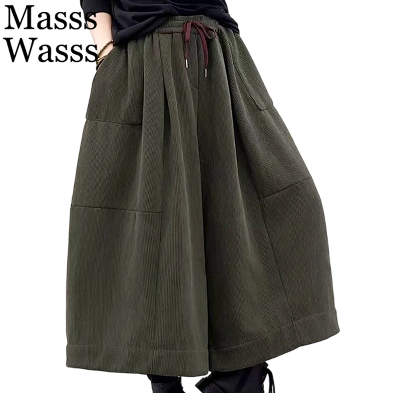 

Masss Wasss Fashion Winter Womens Fur Corduroy Wide Leg Pants Oversized Classic Thicken Loose Ladies Solid Leisure Warm Trousers