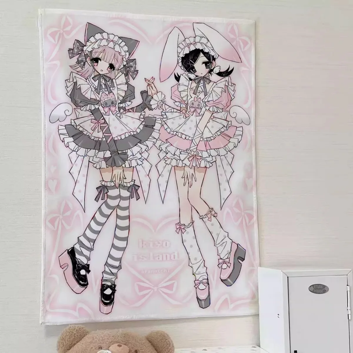 Niedliche Katzen- und Hasen-Anime-Wandteppiche Kawaii Lolita Maid Wanddekoration im Ins-Stil Schlafzimmer Hintergrundtuch Ästhetische Heimdekoration