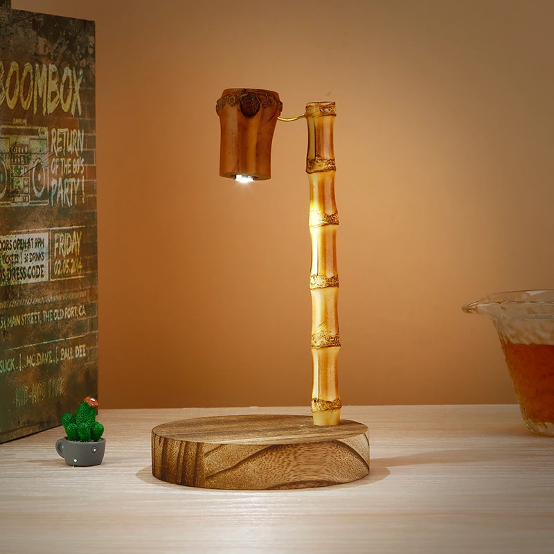 Energy saving sleep light bamboo and wood night light natural solid wood base LED rotary switch bedroom bedside lamp
