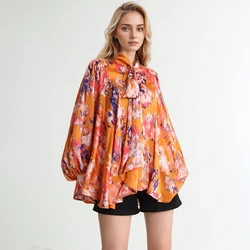 Hit Color Shirts For Women Bownot Collar Lantern Sleeve Folds Print Irregualr Hem Loose Blouse Casual Clothing 2024