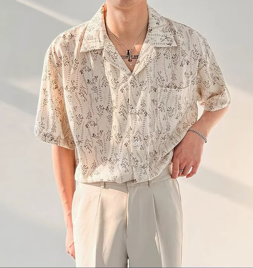 

Мужская летняя рубашка из тонкой ткани с цветочным принтом, свободного кроя, с кубинским воротником, не требующая глажки, для повседневной носки и работы.