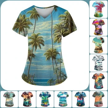 เสื้อยืดแขนสั้นสำหรับผู้หญิงเสื้อนางพยาบาลลายต้นมะพร้าวคอวีเสื้อผ่าตัดชุดเครื่องแบบผู้หญิงเด็กผู้หญิง
