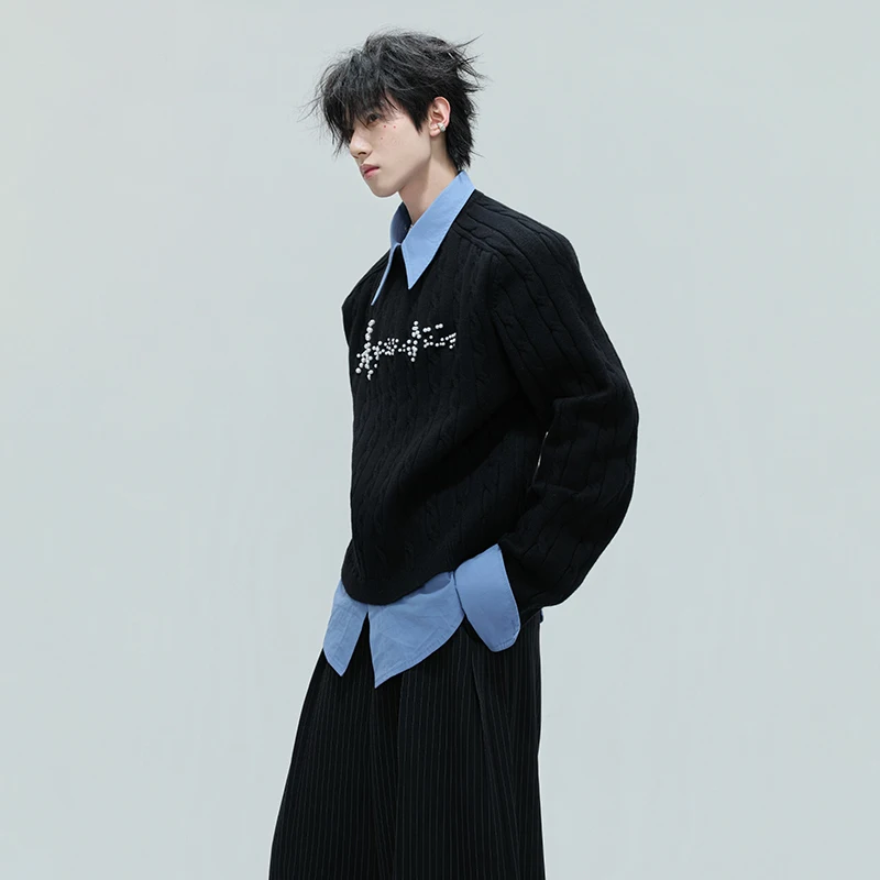 LUZHEN 2025 Autumn Winter New Fake Two Piece Design Knitted Pullover Men's Fashion High Quality Embroidery Pearl Sweater JY4822