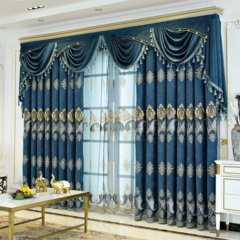 European Curtains for Living Room Bedroom Palace Style Blue Valance Shading Chenille Luxury Embroidered Curtain Custom