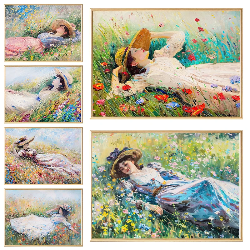 Woman in Wildflower Field Landscape Posters and Prints Canvas Printing Spring Wall Art Picture for Farmhouse Home Decor Gifts