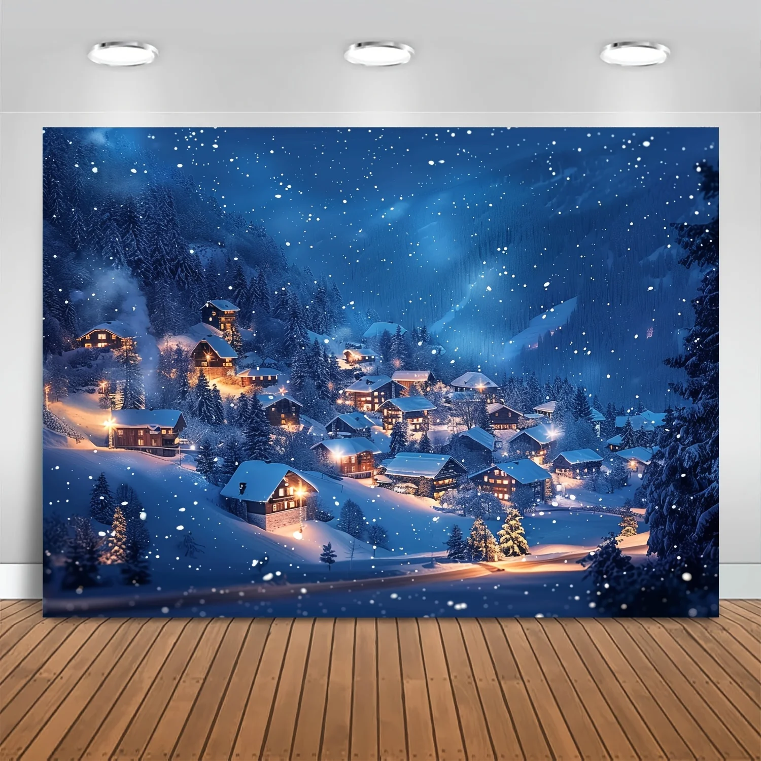 Christmas background Village night scene Forest trees white snow photography background photo studio props