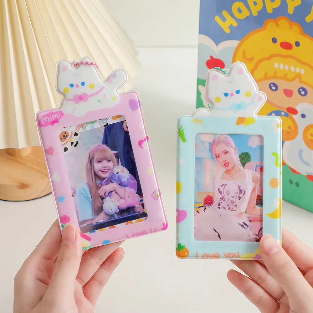 Self Made Cute Girl Cat Holder With 3-inch  Photo Storage Pendant, Student Creative Card Bag