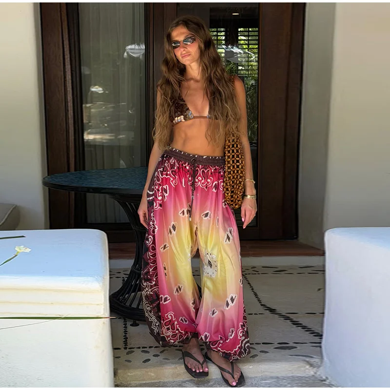 2026 Summer Gradient Contrast Print Harem Pants Oversize Baggy Elastic Waist Boho Trousers Women New Trendy Classy Lady Bottoms