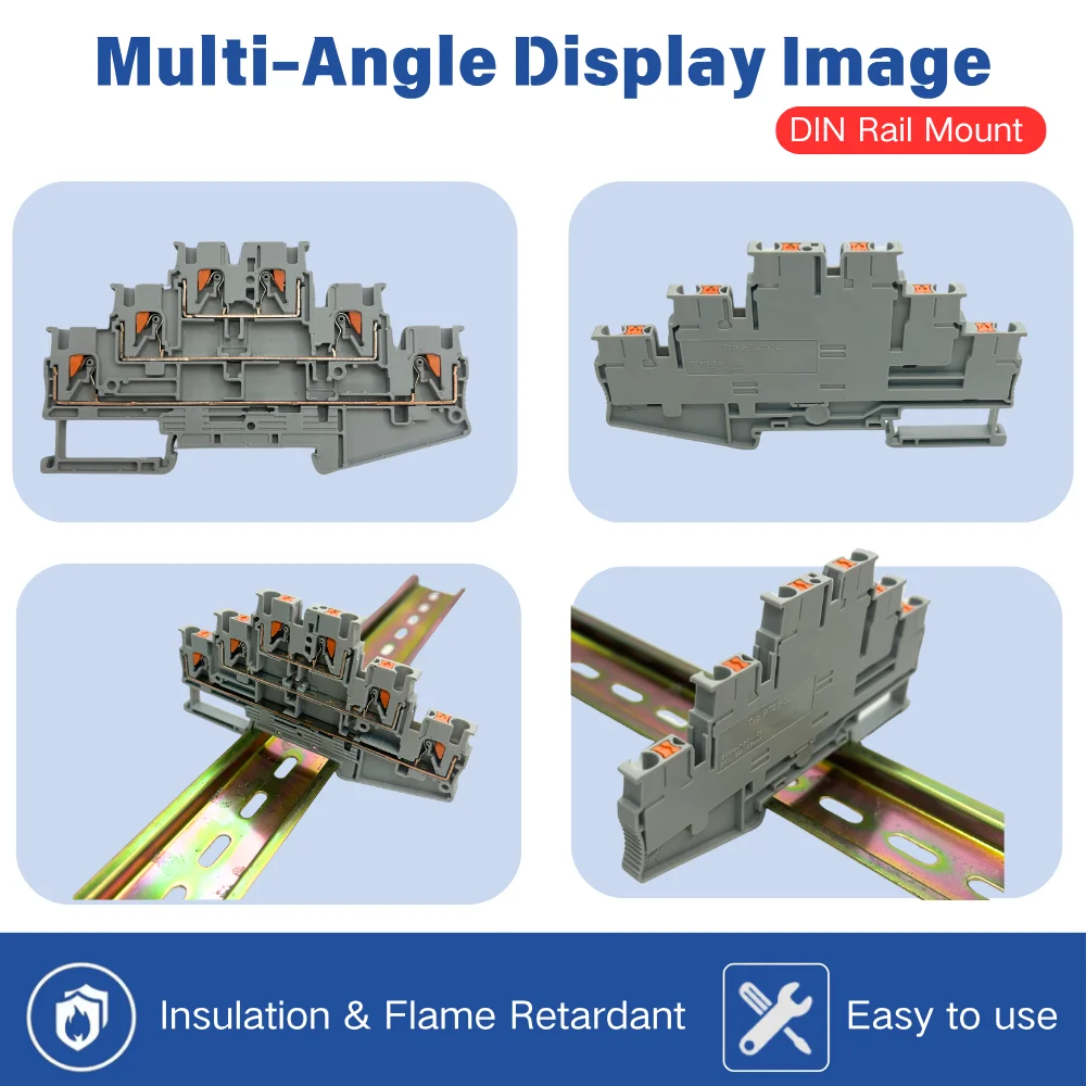 10PCS PT2.5-3L Three-Level Push-in Terminal Block, 2.5mm² Screwless Spring DIN Rail Wiring Connector, Flame Resistant