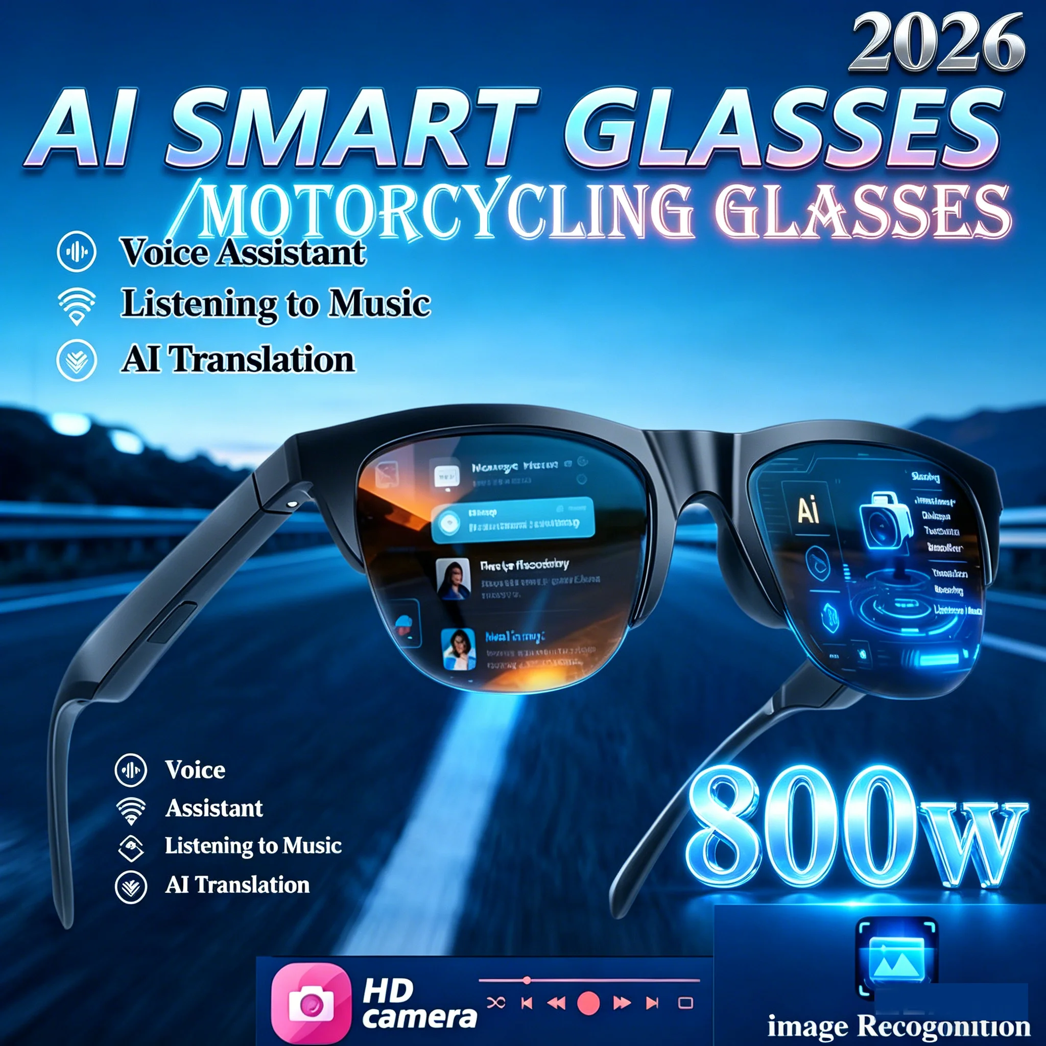 2026 AI Motorcycle Sunlasses 800W Shooting Camera HD Photo Video Voice Call Translation Waterproof B-luetooth Smart AI Glasses