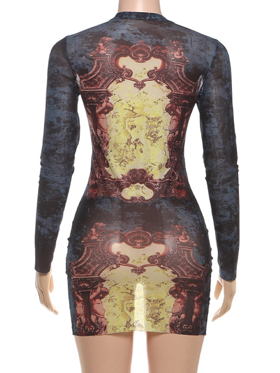 ZIML Amerikanischen Stil Slim Fit Druck Mini Kleider Für Frauen Rundhals Langarm Hohe Taille Design Sinn Party Kleid Weibliche