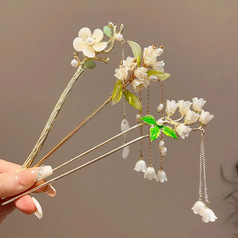 

Elegant Flower Tassel Hairpins Chinese Style Valley Hair Stick Vintage Headpiece for Women High-End Hair Accessories