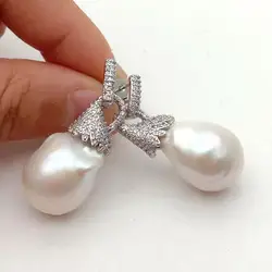 YYGEM 14x21MM Cultured White Keshi Pearl White cz pave silver color plated Stud Earrings