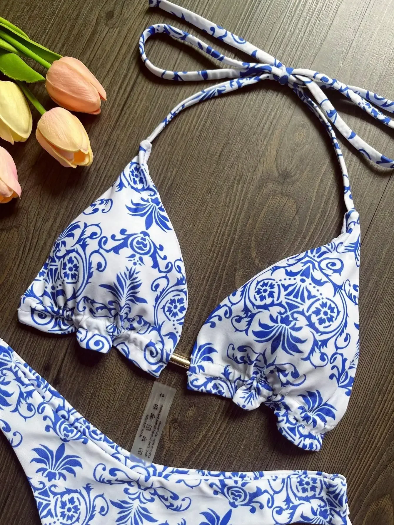

RUOTONSEPT Sexy Women Swimsuit Blue and White Print Bikini Set Triangle Bathing Suit Halter Swimwear Bandage Brazilian Biquinis