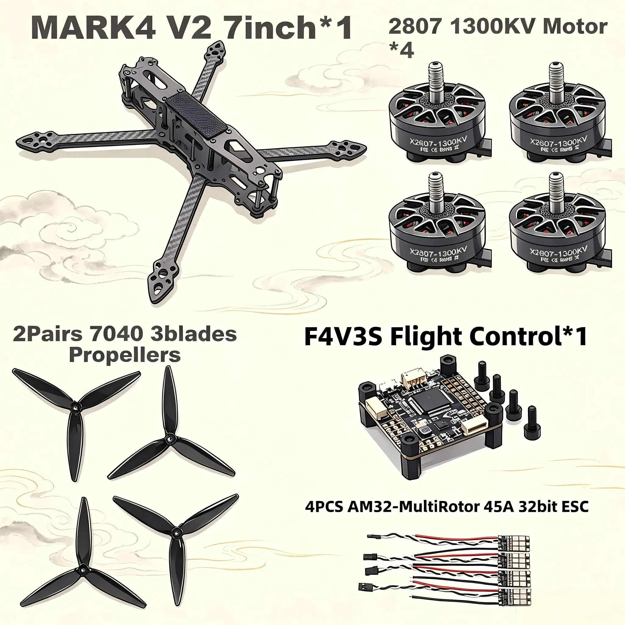 MARK4 V2 7-inch F4V3S/F4V3S PLUS Flight Control 45/60A 4INI ESC Rack Drone FPV Carbon Fiber PV Racing Drone Quadcopter Freestyle