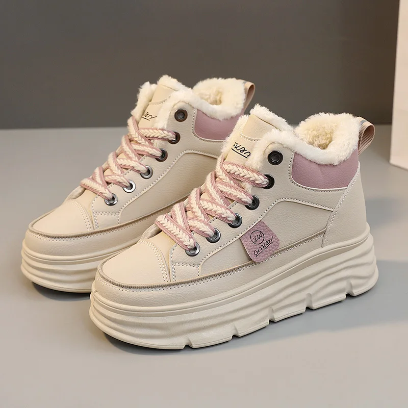 Women Casual Walking Sneakers Winter High Platform Chunky Plush Shoes Boots Inner Height Increasing Fashionable High Top Shoes