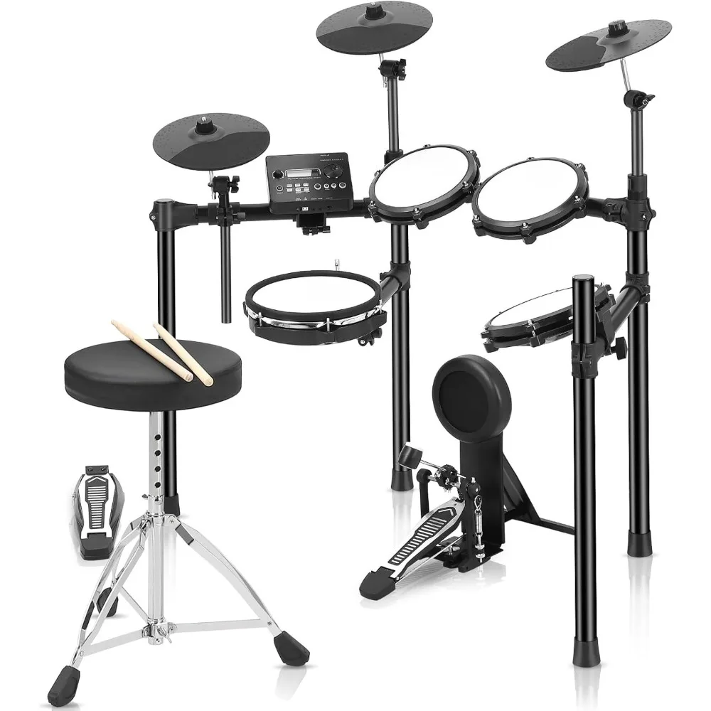 

Electric Drum Set with 5 Quiet Mesh Pads, 30 Drums Kits with 2 Switch Pedal, Drums Throne, Drumsticks, On-Ear Headphones