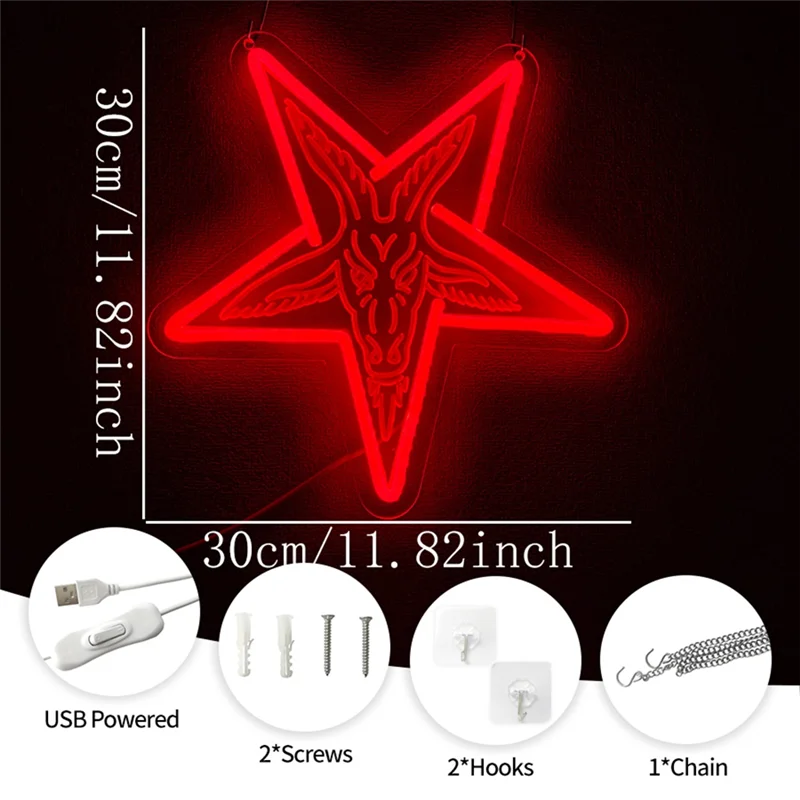 โคมไฟติดผนังแบบโกธิค ABPQ-Baphomet สีนีออน ดีไซน์รูปดาวห้าแฉกสามมิติและแบบคว่ำ ตกแต่งผนังบ้าน