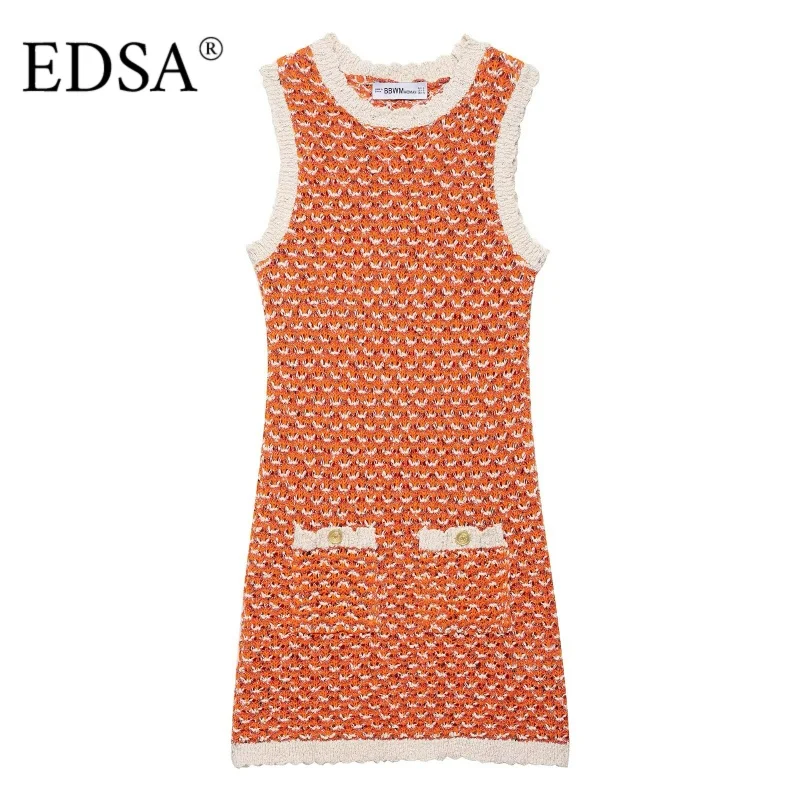 EDSA Mini abito da donna in maglia strutturata senza maniche girocollo aderente abiti corti femminili con doppie tasche
