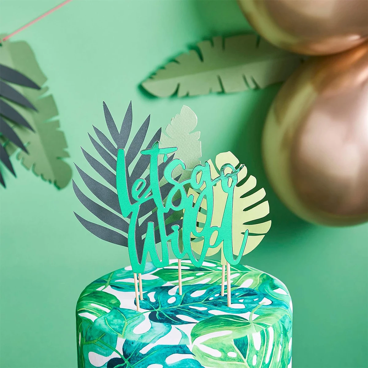 7Pcs Glittery Tropical Leaves Cake Topper Palm Leaf Cake Topper for Jungle Theme Birthday Party Decor Safari Baby Shower Decor