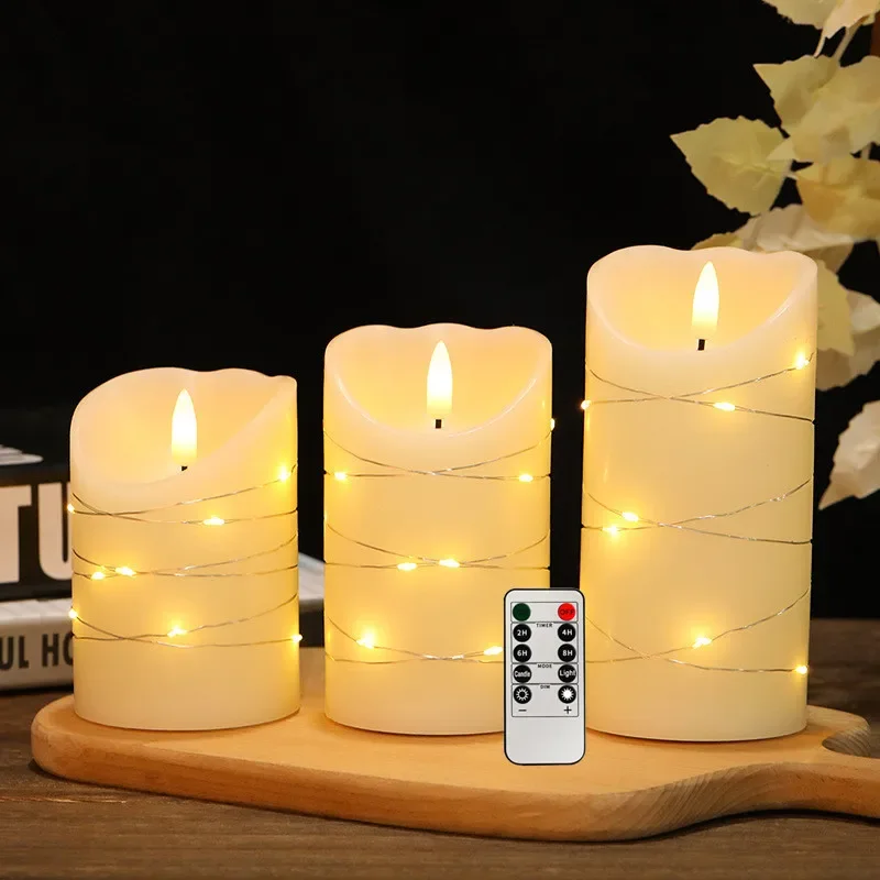 LED Flameless Candle With Remote Real Wax 3D Wick Flickering Candles With Embedded String Light Party Room Wedding Home Decor