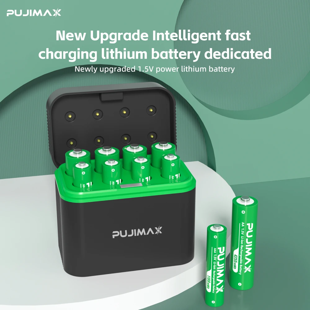 PUJIMAX Smart AA/AAA Lithium Battery Charger Charging 4 AA+4 AAA Rechargeable Li-ion Batteries With High Capacity Battery SET