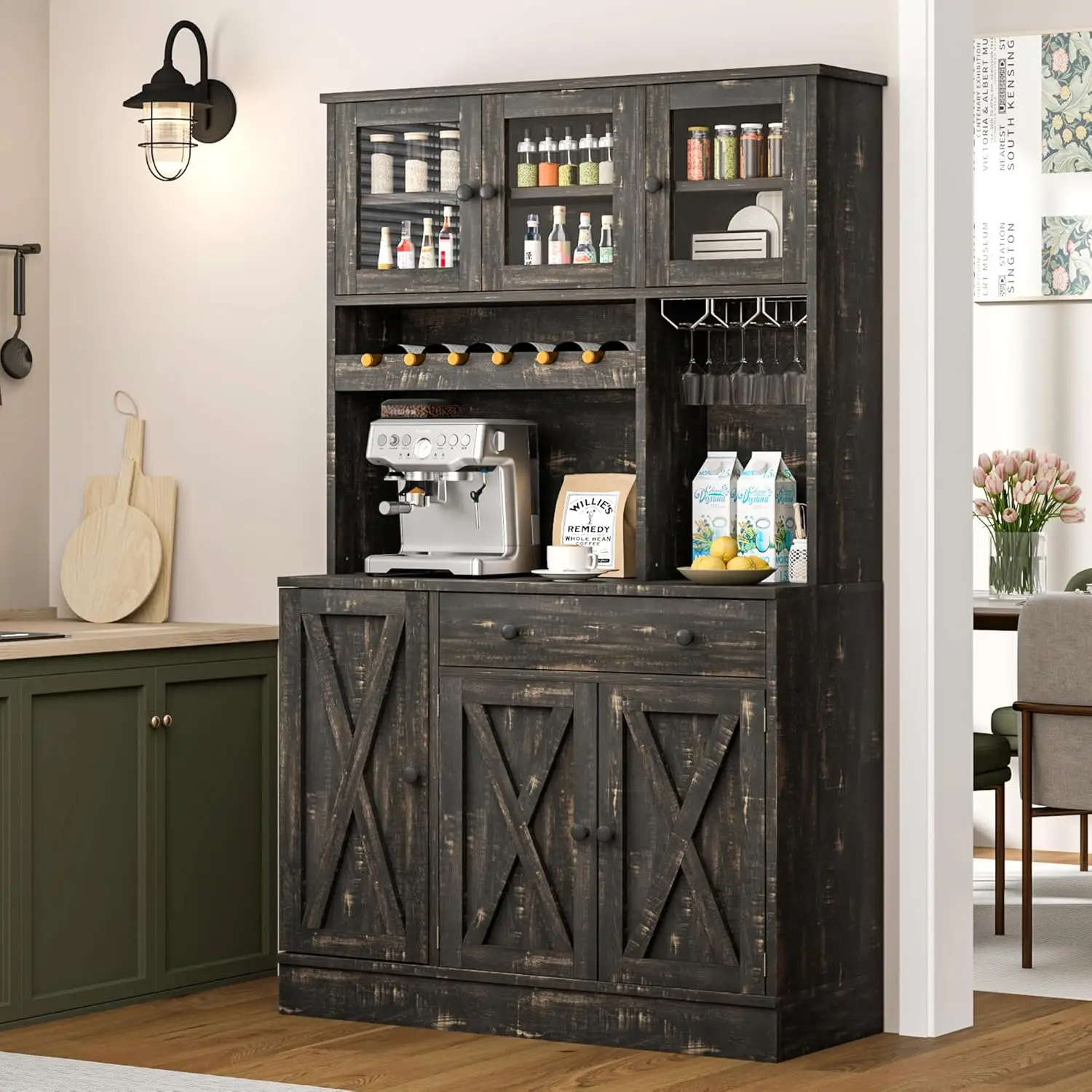 

71''H Kitchen Pantry Storage Cabinet with Power Outlet, Tall Cabinet with Doors, Shelves & Drawer, Buffet Cabinet with