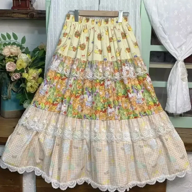 New Fashion Cartoon Flower Print Summer Skirt Elastic Waist Casual Splice Lace Puff Midi Skirts Sweet Harajuku Y2k Jupe