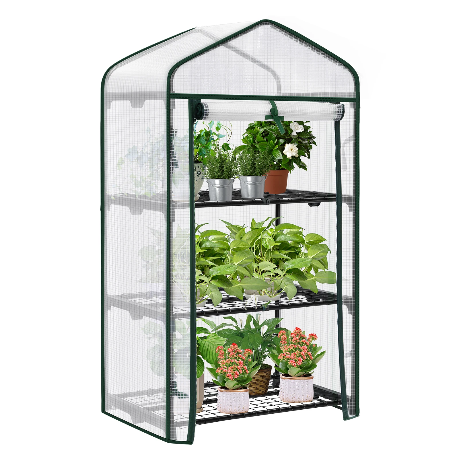 Outdoor Plant Stand with 3 Shelves Roll-Up Door Winterproof Outdoor Garden Flowers Plant Shelf for Balcony Patio