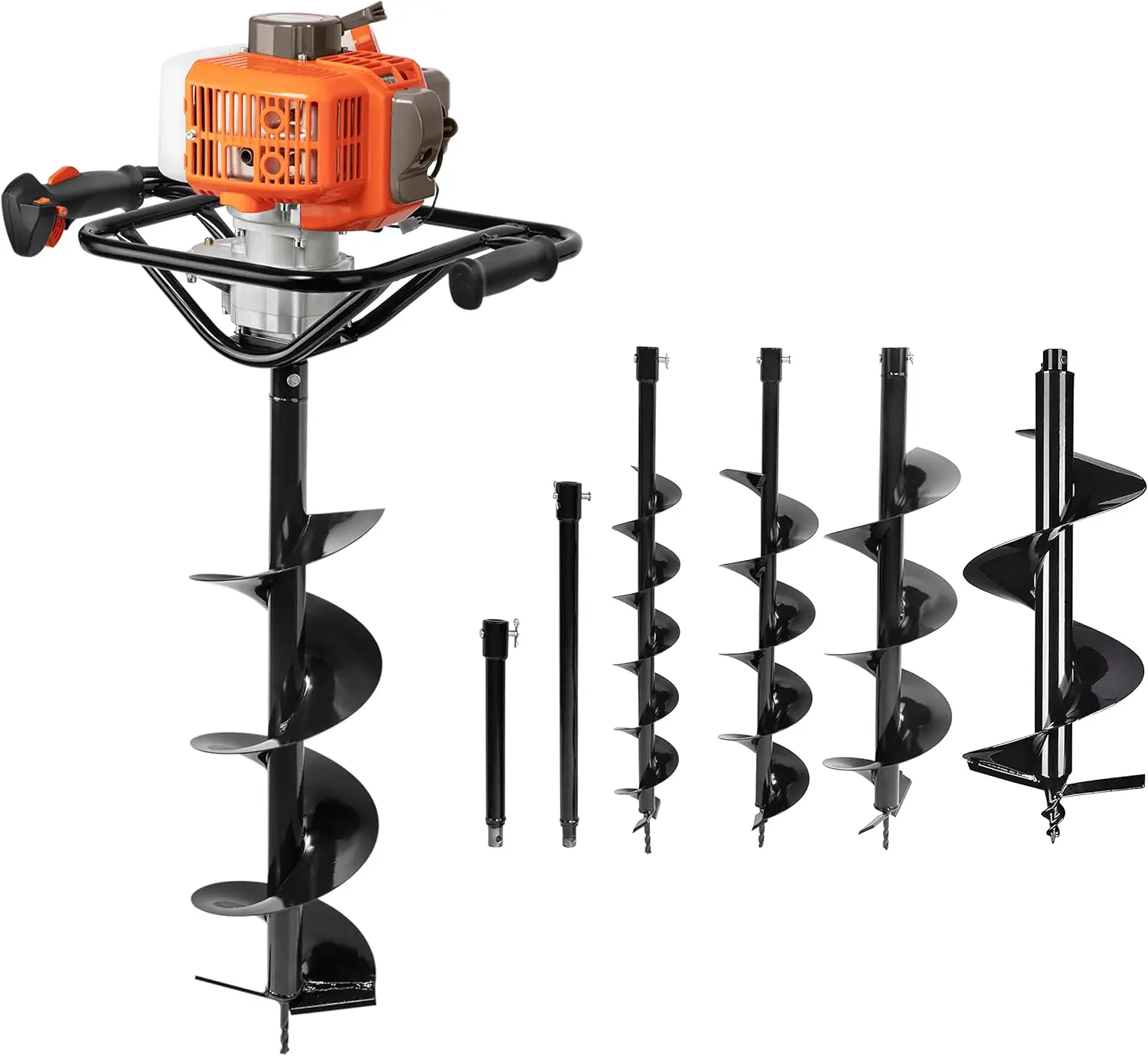 

54cc Post Hole Digger Gas Powered 2 Cycle Earth Auger, 4 Drill Bits 4" 6" 8" 12" + Extension Rod 12" 20"