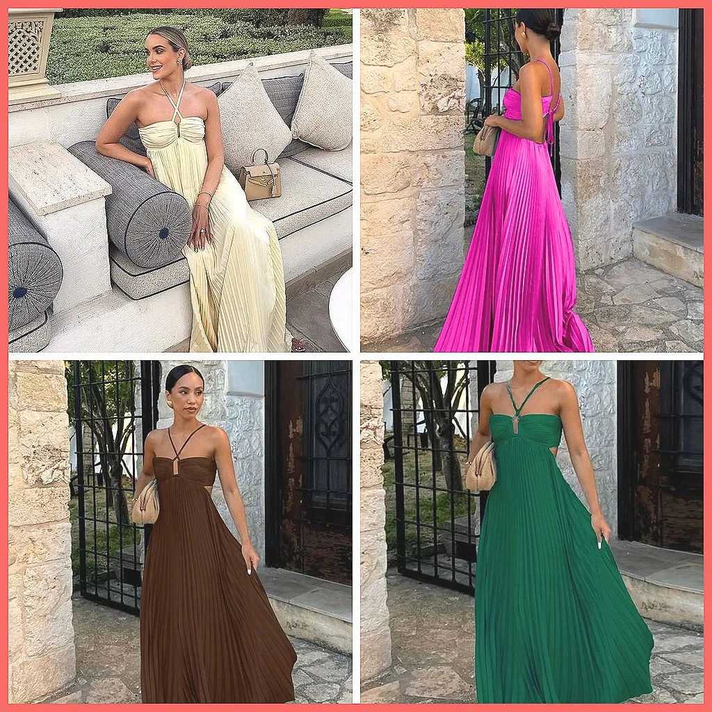 

Sexy Hollow Out Maxi Dress for Women, Off-Shoulder Backless Beach Gown, Pleated Loose Vacation Dress 2026 (Characters: 78)