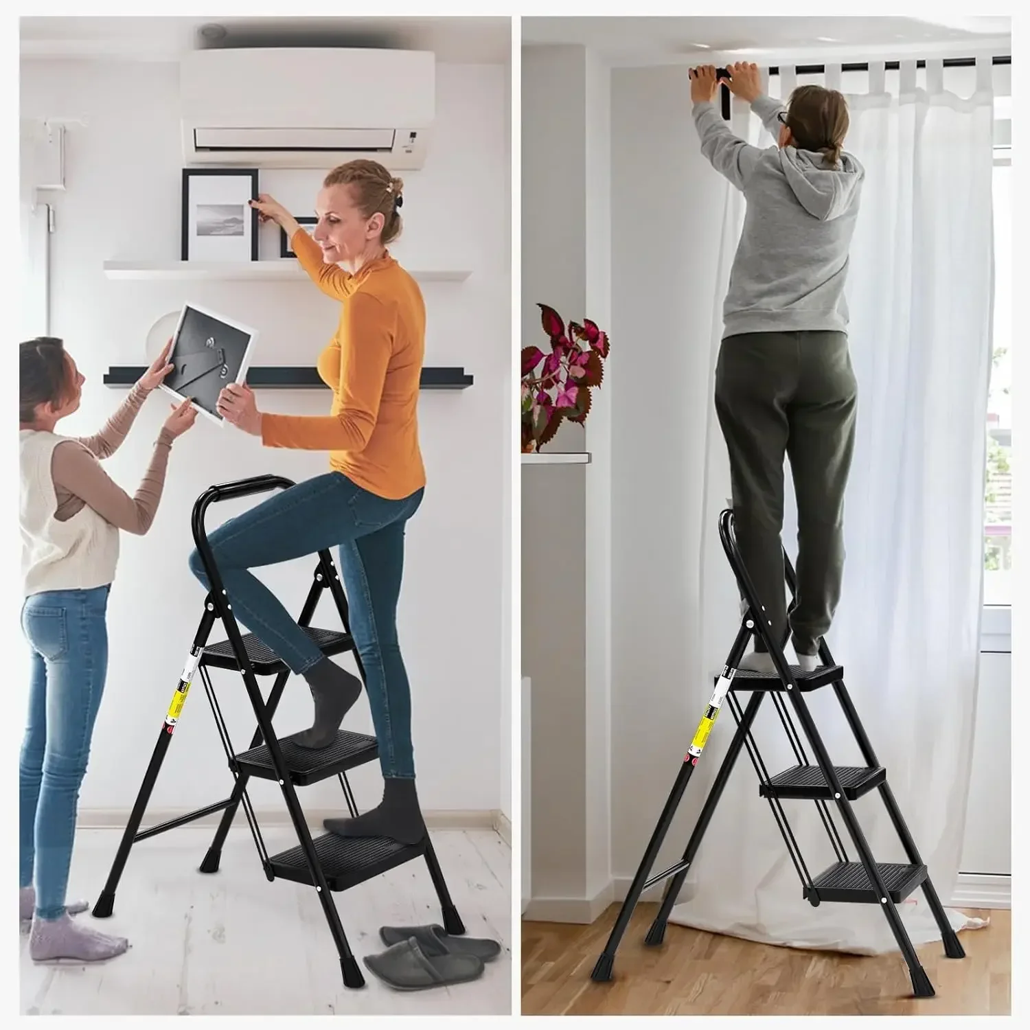 3 Step Ladder EFFIELER Folding Step Stool with Wide Anti-Slip Pedal, 500 lbs Sturdy Steel Ladder, Convenient Handgrip