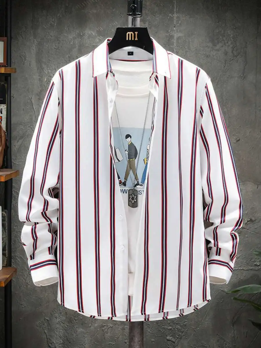 

Trendy Striped Men's Long Sleeve Slim Fit Shirt Collared Korean Style Summer Fashionable Men's Open Cardigan Summer 2023
