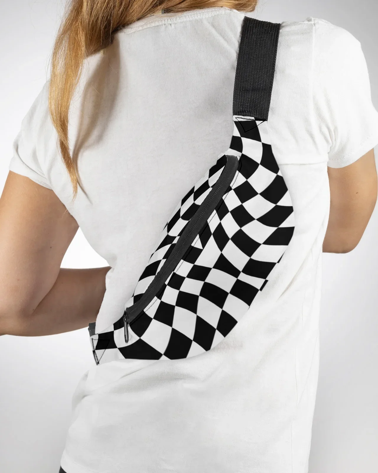 

Checkered Black White Lattice Men Women Waist Bag Fanny Pack Purse Large Phone Belt Bag Wallet Pouch Waterproof Banana Hip Bags