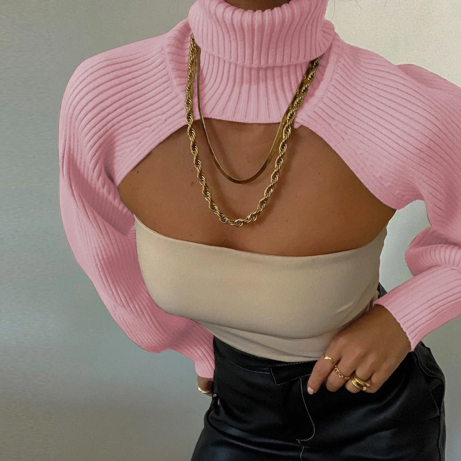 Sexy Turtleneck Long Sleeve Crop Sweater Women 2023 Autumn Solid Knitted Pullover Personality Lantern Sleeve Sweaters For Women